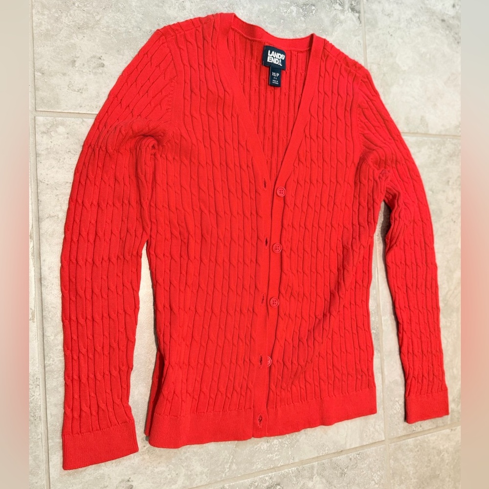 Lands’ End Red Cable Knit Button-Front Cardigan | XSP